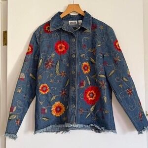 Chico's Boho Embroidered Floral Medium Wash Denim Jacket Vintage Cropped 80's